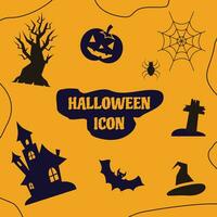 halloween viering icoon set. vector ontwerp van silhouetten van pompoen, boom, kasteel, spin, grafsteen, hoed en knuppel.