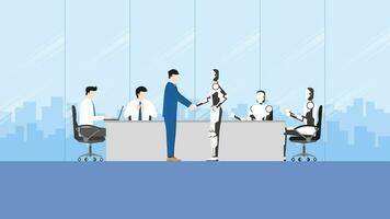 gewricht onderneming vergadering in de conferentie kamer. groet zakenman handdruk met robot kunstmatig intelligentie- team. vector