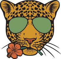jaguar hoofd met vliegenier zonnebril en hibiscus bloem. vector illustratie.