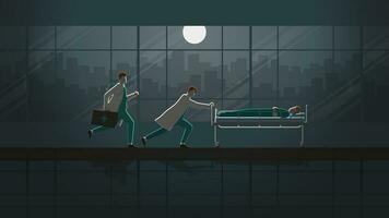 wo artsen rennen en Duwen ziek geduldig slaap Aan bed in ziekenhuis afdeling Bij nacht vector