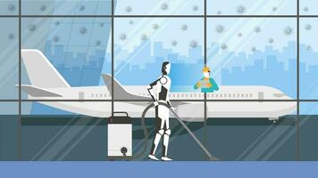 schoonmaak robot controle door menselijk afgelegen in risico Oppervlakte. schoonmaakster in een luchthaven terminal. vector