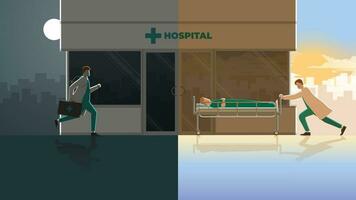 dag en nacht concept van een dokter rennen naar een ziekenhuis voor een laat nacht verschuiving plicht vector