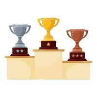 illustratie van cups of trofeeën Aan een voetstuk Aan een wit achtergrond. goud, zilver en bronzen trofee beker. symbool van zege, beloning. trofeeën voor prijzen gemarkeerd met sterren. vector