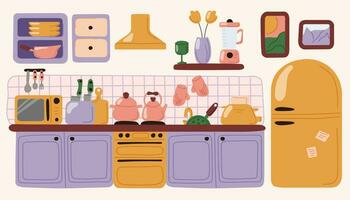 keuken interieur met meubilair in tekening, vlak stijl. meubilair ontwerp banier concept. dining Oppervlakte in de huis met koelkast, magnetron, tosti apparaat, keuken fornuis. vector illustratie.