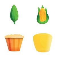 popcorn pictogrammen reeks tekenfilm vector. maïs maïskolf en popcorn mand vector
