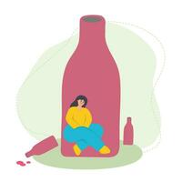 vrouw alcoholisme. een verdrietig meisje zit in een wijn fles. slecht gewoonte, alcohol verslaving. vlak vector illustratie