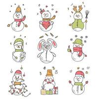 reeks van grappig sneeuwmannen. tekening illustratie. ontwerp voor kaarten of Kerstmis stickers. Hallo winter vector