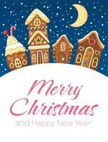 Kerstmis groet kaart met kleurrijk achtergrond. peperkoek huizen en besneeuwd het weer. vrolijk Kerstmis en gelukkig nieuw jaar vector
