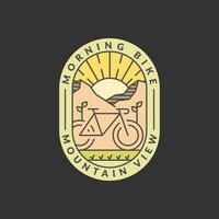 ochtend- berg fietsen insigne vector illustratie. berg en fiets monoline of lijn kunst stijl. ontwerp kan worden voor t-shirts, sticker, het drukken behoeften