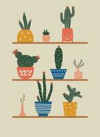 schattig helder veelkleurig reeks van cactussen Aan de schappen vector illustratie