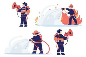 hand- getrokken brandweerman karakter blussen brand in vlak stijl vector