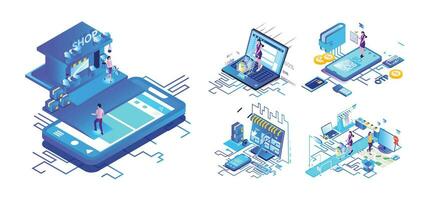 isometrische winkel, betalen online , boodschappen doen betalen, boodschappen doen online vector