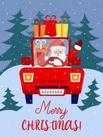 de kerstman claus het rijden een auto met cadeaus Kerstmis vlak illustratie. vrolijk Kerstmis vlak groet kaart met de kerstman in auto en geschenk dozen. vector voorraad illustratie.