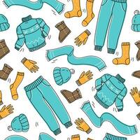 een verzameling van warm, knus kleren en schoenen. naadloos patroon. verkoudheid seizoen herfst, winter. vector illustratie in tekening stijl.