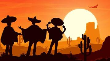 Mexicaans mariachi muzikanten silhouetten Bij woestijn vector