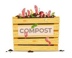 compost houten doos met grappig tekenfilm aarde wormen vector