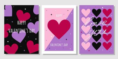 Valentijnsdag dag groet kaart set. hand- getrokken modieus tekenfilm hart, liefde belettering. vector illustratie