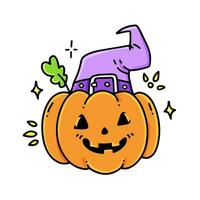 grappig glimlachen pompoen in een heks hoed. illustratie van een schattig oranje groente. een halloween symbool. geïsoleerd vector illustratie.