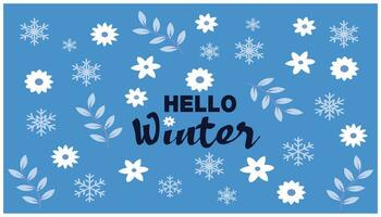 Hallo winter belettering met bloemen en sneeuwvlokken Aan blauw achtergrond. eps10 vector