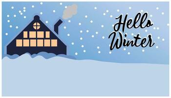 Hallo winter. winter landschap met huis en sneeuw. vector illustratie. eps10