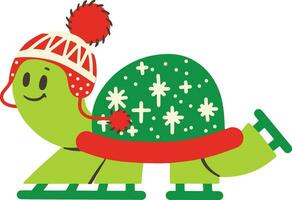 schattig en grappig volwassen schildpad vervelend santa's hoed voor Kerstmis het schaatsen en glimlachen - vector. vector