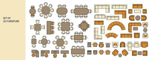 meubilair voor de verdieping plan. top visie tafels, bedden, stoelen, banken, kasten, enz. perfect voor interieur humeur borden en planning schetsen. architectonisch. vector