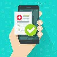 medisch voorschrift online of digitaal geneeskunde test resultaten met goedgekeurd controleren Mark het formulier Aan persoon hand- mobiel telefoon vector illustratie vlak tekenfilm modern, mobiele telefoon met kliniek checklist