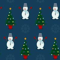 naadloos Kerstmis patroon met een sneeuwman, een Kerstmis boom en sneeuwvlokken. illustraties Aan een blauw achtergrond. vector illustratie