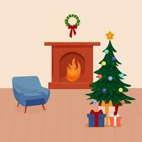 een leven kamer versierd voor Kerstmis en nieuw jaar. een groen Kerstmis boom met geschenken, een haard en slingers, een fauteuil, een Kerstmis lauwerkrans. vector illustratie