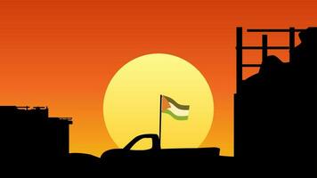 Palestina landschap vector illustratie. silhouet van vernietigd gebouw in zonsondergang met Palestina vlag. Palestina illustratie voor achtergrond, behang, kwestie en conflict