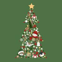 vector Kerstmis Kerstmis boom met schattig hert, pinguïn, sneeuwman en beer, decoraties, lichten, sterren. illustratie voor groet kaart, poster, banier, uitnodigingen.