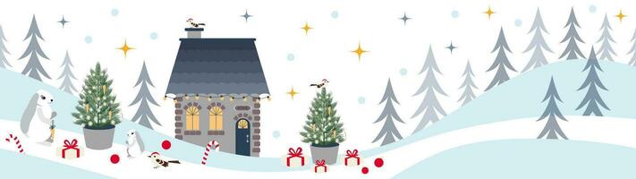 vector winter lang achtergrond of banier, Kerstmis seizoen landschap met huis Kerstmis boom in een pot, konijnen, vogelstand en decoraties.