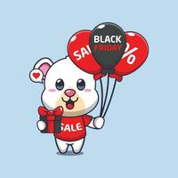 schattig polair beer met cadeaus en ballonnen in zwart vrijdag uitverkoop tekenfilm vector illustratie