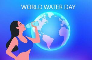 wereld water dag concept, vrouw drinken water vector illustratie. opslaan water voor ecologie en milieu behoud