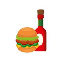 heerlijke hamburger met geïsoleerde flessaus icon vector