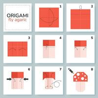 vlieg agaric origami regeling zelfstudie in beweging model. origami voor kinderen. stap door stap hoe naar maken een schattig origami paddestoel. vector illustratie.
