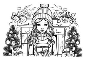 meisje in een winter hoed in de buurt de haard met een geschenk. Kerstmis kleur boek. vector