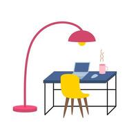 tekenfilm kleur bureaublad, laptop, lamp en stoel reeks concept. vector