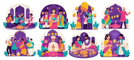 illustratie reeks van gelukkig diwali hartelijk groeten. Indisch mensen in traditioneel kleding Holding lit olie lampen of diya vieren diwali festival van lichten vector