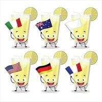 limonade tekenfilm karakter brengen de vlaggen van divers landen vector