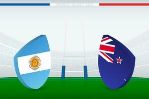 laatste bij elkaar passen tussen nieuw Zeeland vs zuiden Afrika, illustratie van rugby vlag icoon Aan rugby stadion. vector