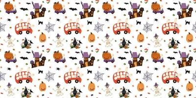 schattig halloween naadloos patroon met vrachtwagen, auto geesten, skelet, pompoen, achtervolgd huis vector illustratie. grappig spookachtig behang, pakket ontwerp, inpakken papier, textiel, afdrukken, herhaling achtergrond