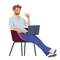 een Mens met een laptop zit Aan een stoel en werken. online communicatie. kantoor mensen. vector afbeelding.