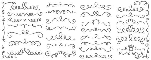 onderstreept reeks met zwiept swooshes en gekruld slagen. tuimelen hand- getrokken verdelers. squiggle schoonschrift elementen. vector kolken tekening met harten en kronen.