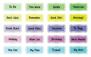 ontwerper stickers. organisator labels. afdrukbare ontwerper stickers. planners en wekelijks dagen label, memo schema sticker label. kogel logboek stickers, planner, plakboek stickers ontwerp. vector