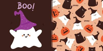 halloween naadloos patroon en kaart met tekenfilm pompoen, kat, geest, en halloween element. schattig halloween behang en kaart voor vakantie thema, geschenk inpakken papier vector