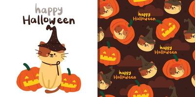 halloween naadloos patroon en kaart met tekenfilm pompoen, kat, en halloween element. schattig halloween behang en kaart voor vakantie thema, geschenk inpakken papier vector