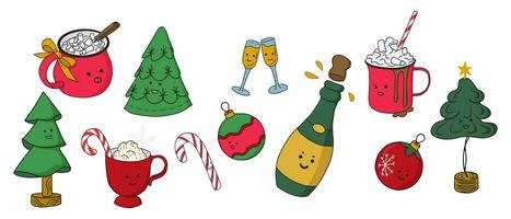 schattig kawaii Kerstmis vakantie decoratie en drankjes. verzameling van vector vlak winter vakantie elementen in tekenfilm stijl. grappig geïsoleerd Kerstmis bomen, drankjes, ballen. ideaal voor stickers, patroon