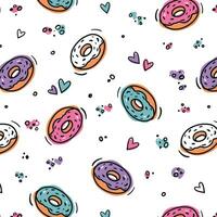 vliegend donuts gebakje patroon naadloos herhaling taart roze blauw Purper pastel gekleurde aantrekkingskracht meisje tekenfilm tekening achtergrond behang inpakken verpakking ontwerp felicitatie gelukkig verjaardag bakkerij bakken kunst vector