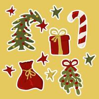 Kerstmis stickers, de kerstman claus, voetzoeker, peperkoek Mens, sterretje, klok, Kerstmis sok, geschenk zak en maretak vector